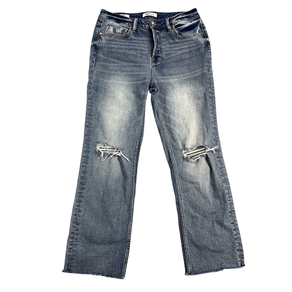 Vigoss Stevie Crop Straight Leg Jeans Womens 30 Blue Denim Distressed Button Fly